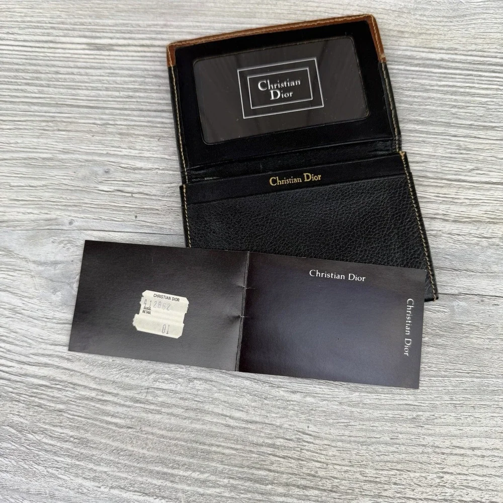 Vintage Christian Dior Leather Checkbook Cover Wallet Black Brown ID Holder